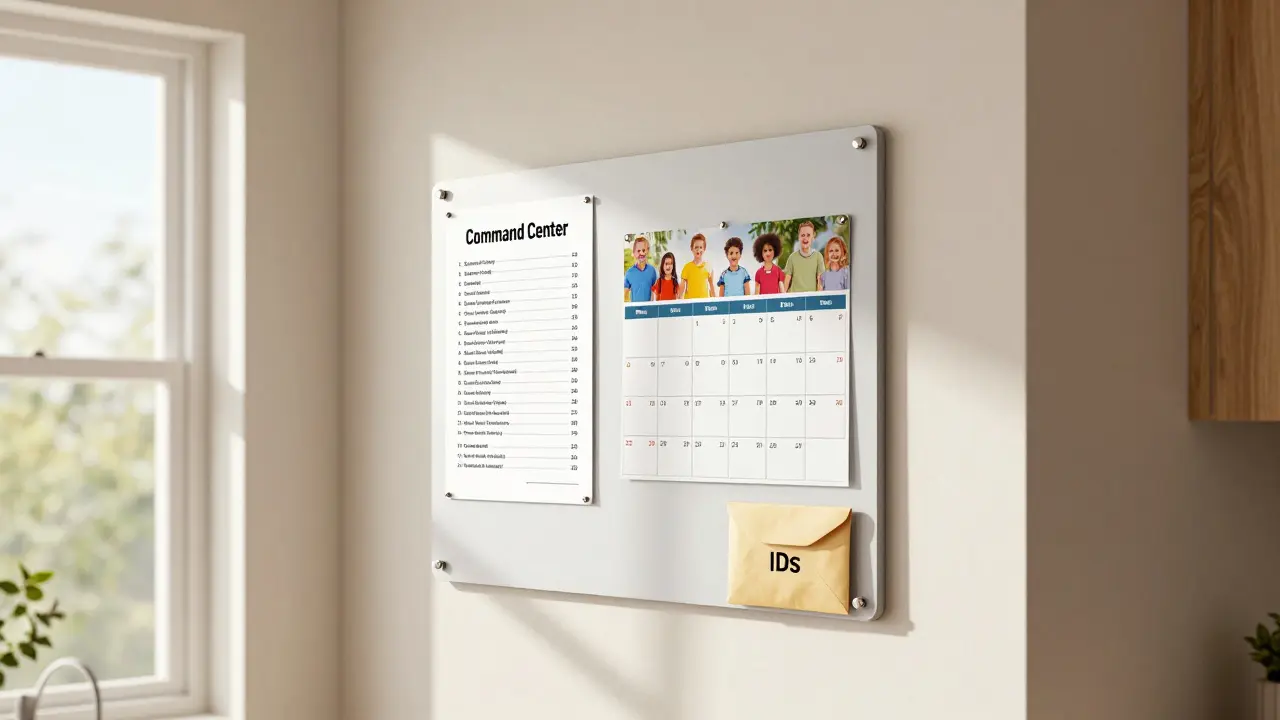 Parede organizada na cozinha com calendário e contatos de emergência visíveis